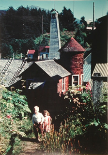 Seldovia scene: residence, fire hose tower; Bruce and Ingrid Nordenson 1950.